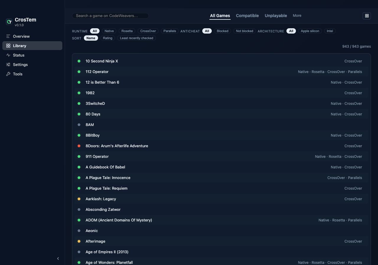 List mode — the same library as a compact, sortable list